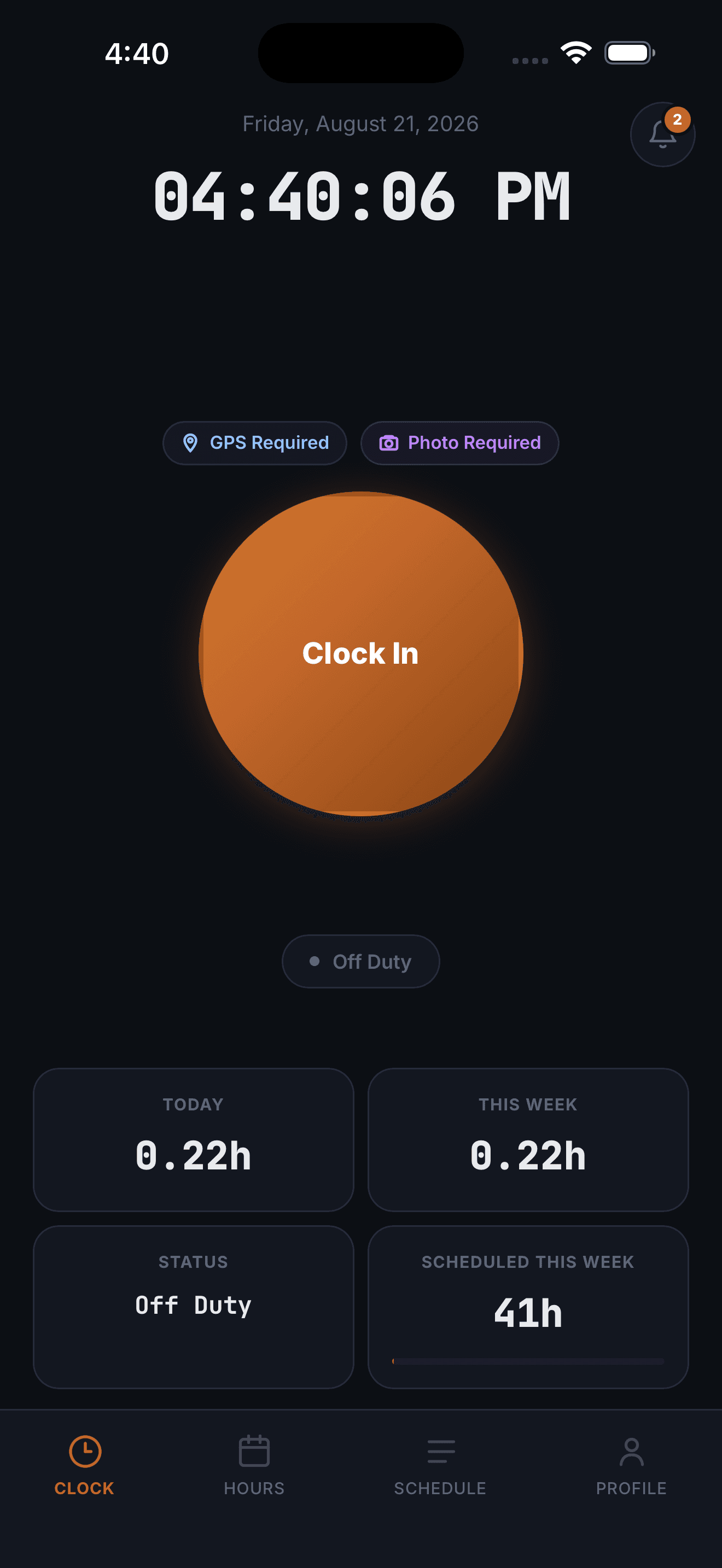 Clock Deck iPhone app with clock-in, GPS and photo requirements, hours, and Clock, Hours, Schedule, and Profile navigation